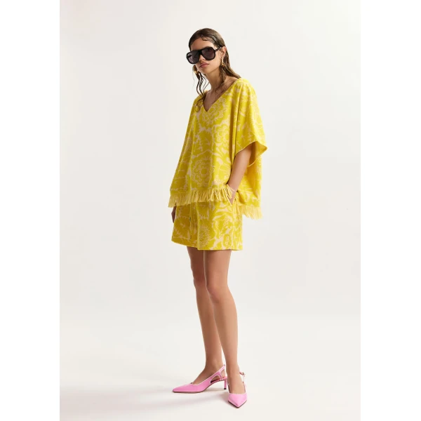 Essentiel Antwerp Yellow floral jacquard cotton-blend shorts with drawstring waist, view 2