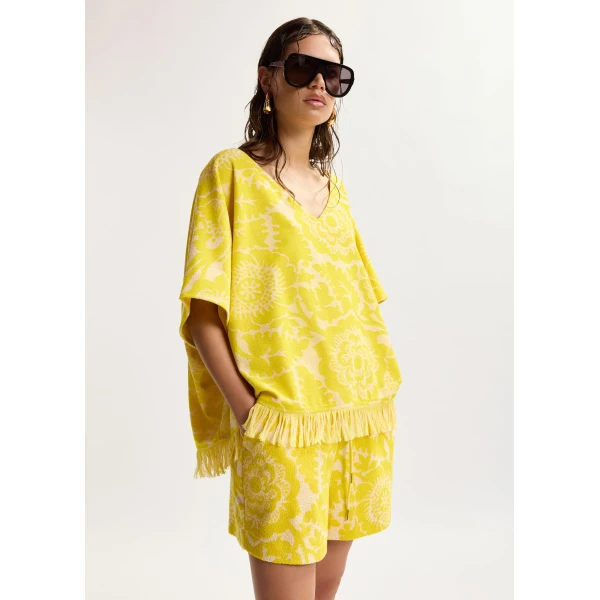 Essentiel Antwerp Yellow floral jacquard cotton-blend shorts with drawstring waist, view 3
