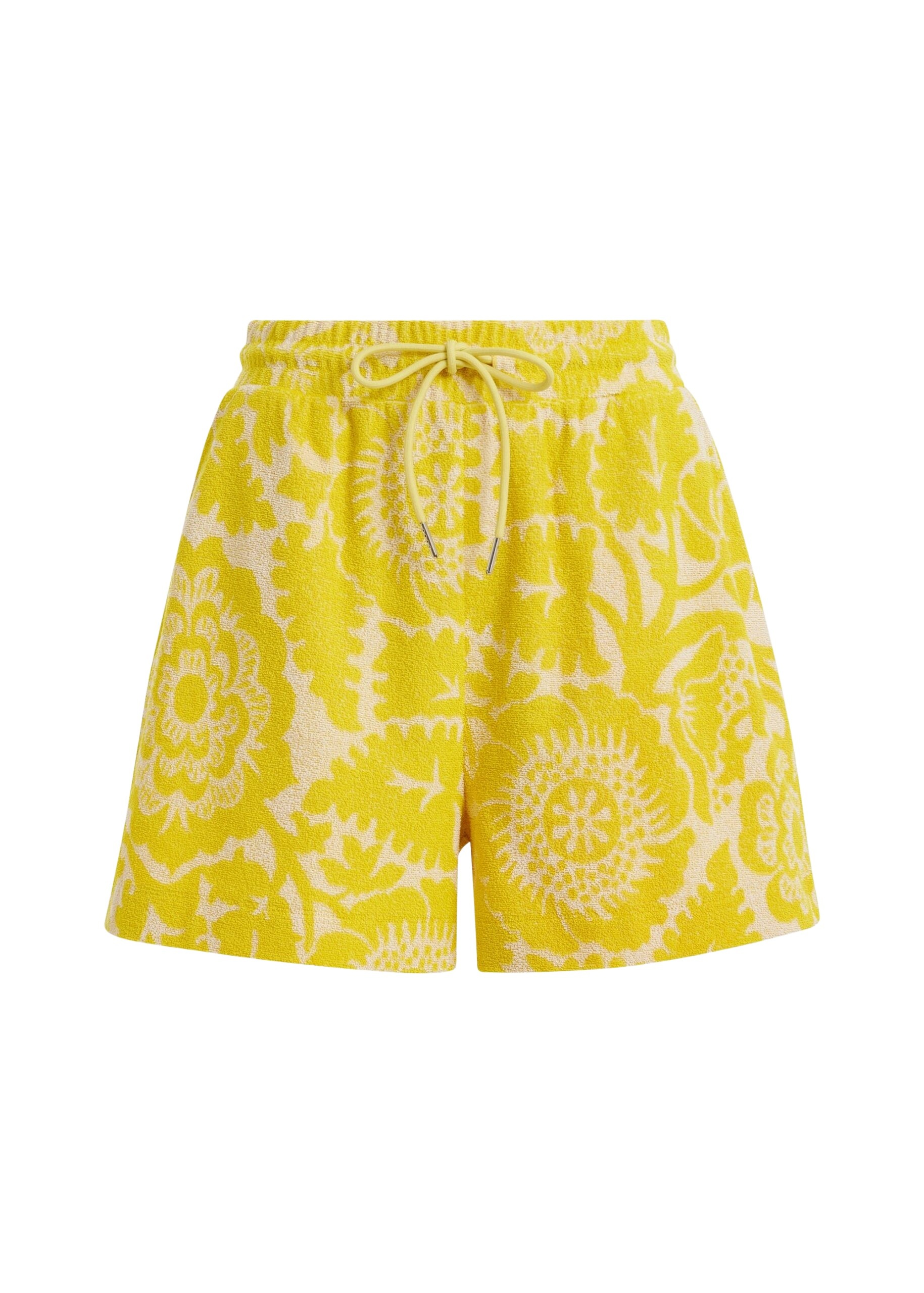 Yellow floral jacquard cotton-blend shorts with drawstring waist