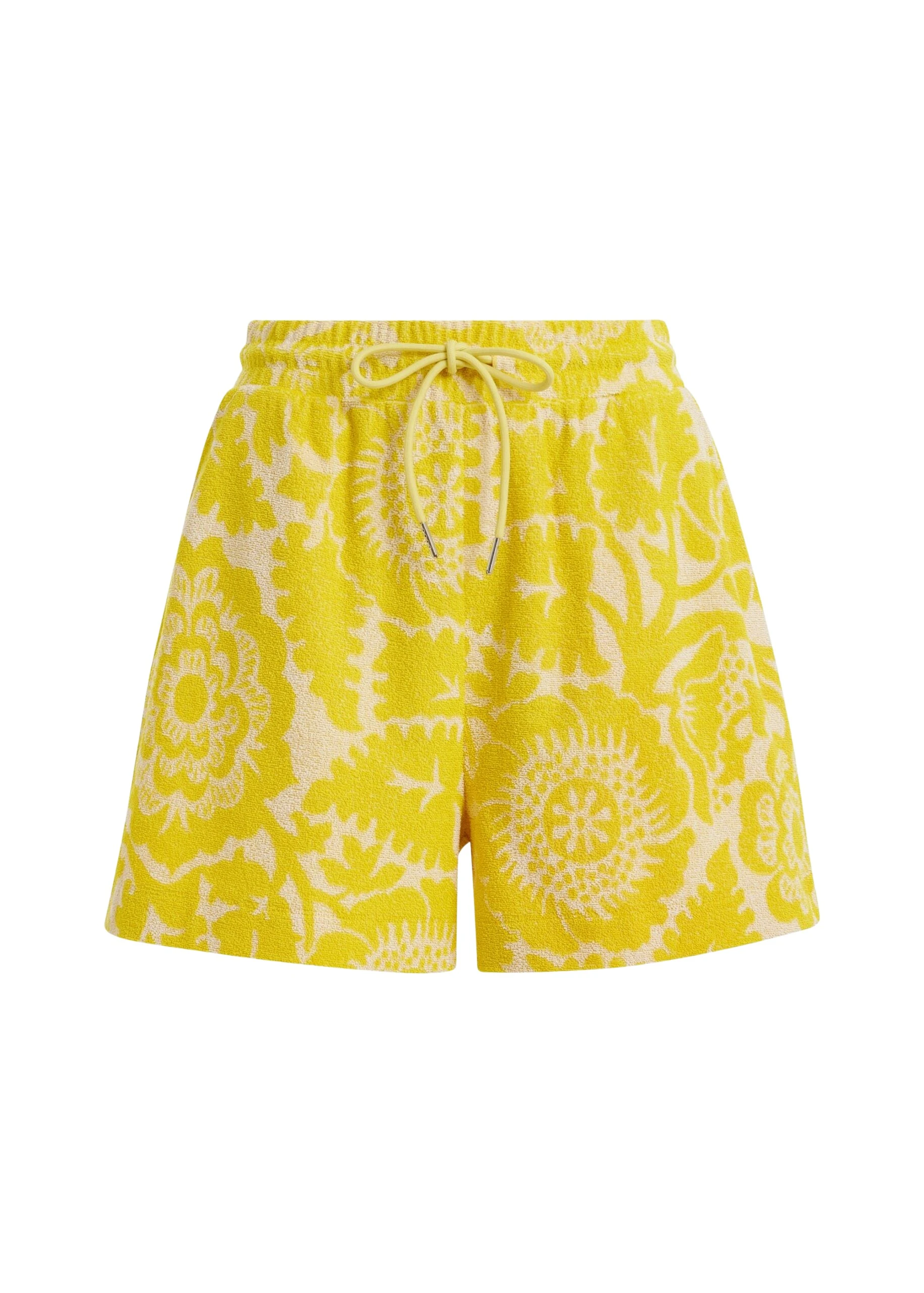 Yellow floral jacquard cotton-blend shorts with drawstring waist