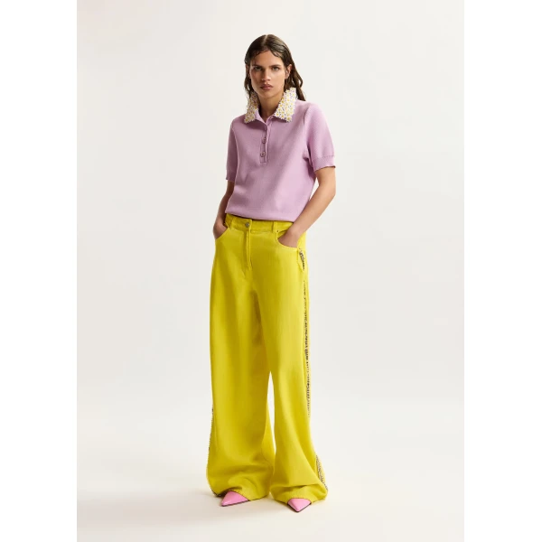 Essentiel Antwerp Yellow high-rise wide-leg jeans with embellished side trims, view 3
