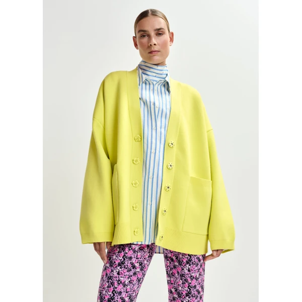 Essentiel Antwerp Yellow knit cardigan with tonal flower buttons, view 2