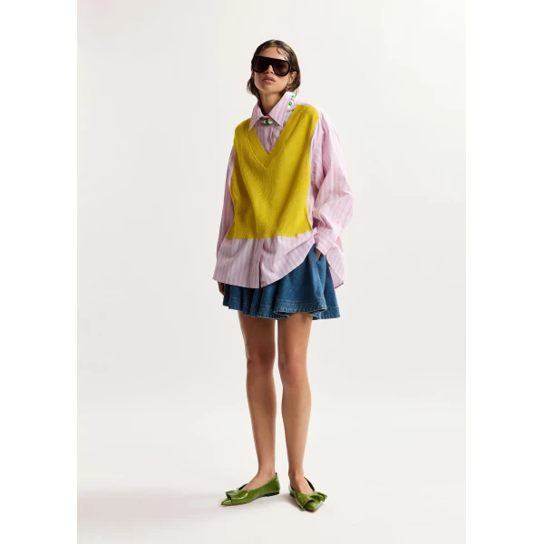 Essentiel Antwerp Yellow, light pink and light blue knit-panel oversized shirt, view 2