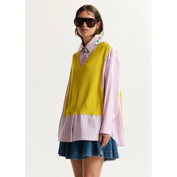 Essentiel Antwerp Yellow, light pink and light blue knit-panel oversized shirt, view 3