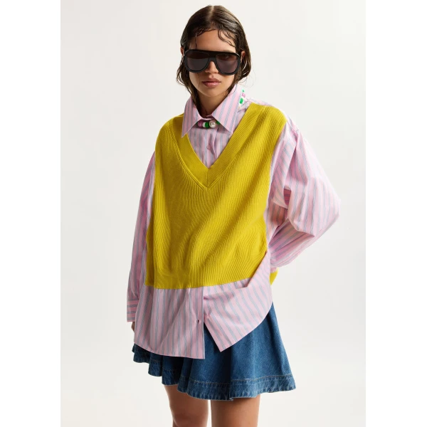 Essentiel Antwerp Yellow, light pink and light blue knit-panel oversized shirt, view 4