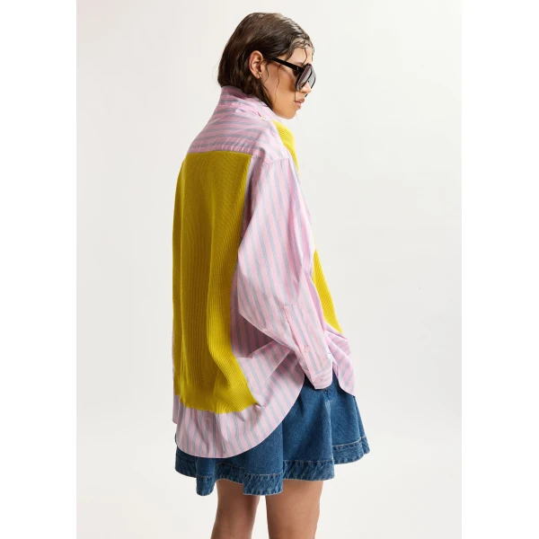 Essentiel Antwerp Yellow, light pink and light blue knit-panel oversized shirt, view 5