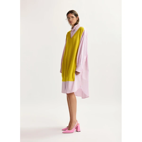 Essentiel Antwerp Yellow, light pink and light blue knit-panel oversized shirt dress, view 2