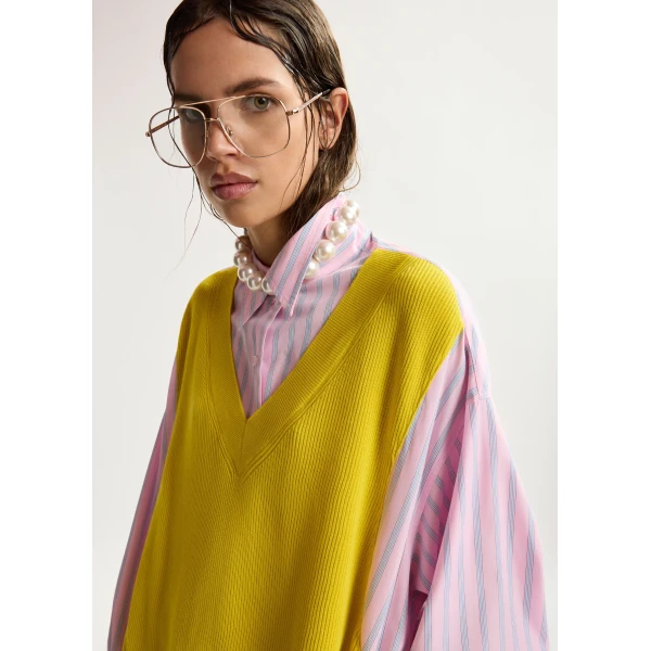 Essentiel Antwerp Yellow, light pink and light blue knit-panel oversized shirt dress, view 4