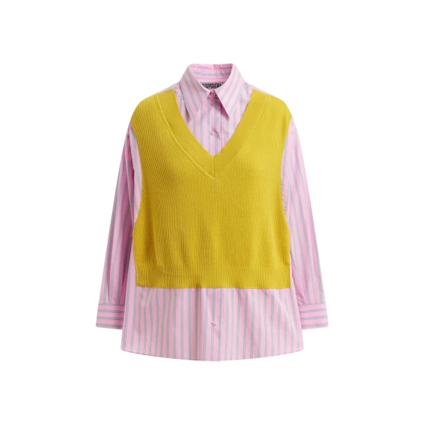 Essentiel Antwerp Yellow, light pink and light blue knit-panel oversized shirt