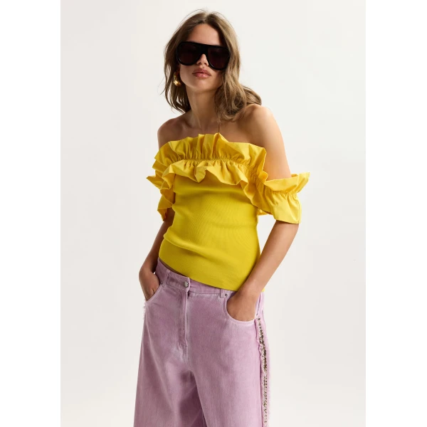 Essentiel Antwerp Yellow off-shoulder knit top with ruffle trim, view 2