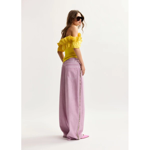 Essentiel Antwerp Yellow off-shoulder knit top with ruffle trim, view 4