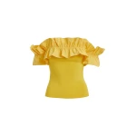 Essentiel Antwerp Yellow off-shoulder knit top with ruffle trim