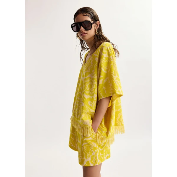 Essentiel Antwerp Yellow textured floral jacquard cotton-blend top with fringed trims, view 3
