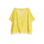 Essentiel Antwerp Yellow textured floral jacquard cotton-blend top with fringed trims