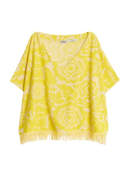 Yellow textured floral jacquard cotton-blend top with fringed trims