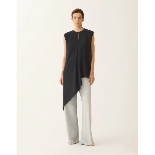 Fabiana Filippi Asymmetrical Top in Midnight Blue Crepe de Chine, view 3