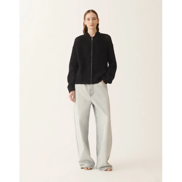 Fabiana Filippi Bomber in Platinum and Micro Sequins, Night Blue Knit, view 3