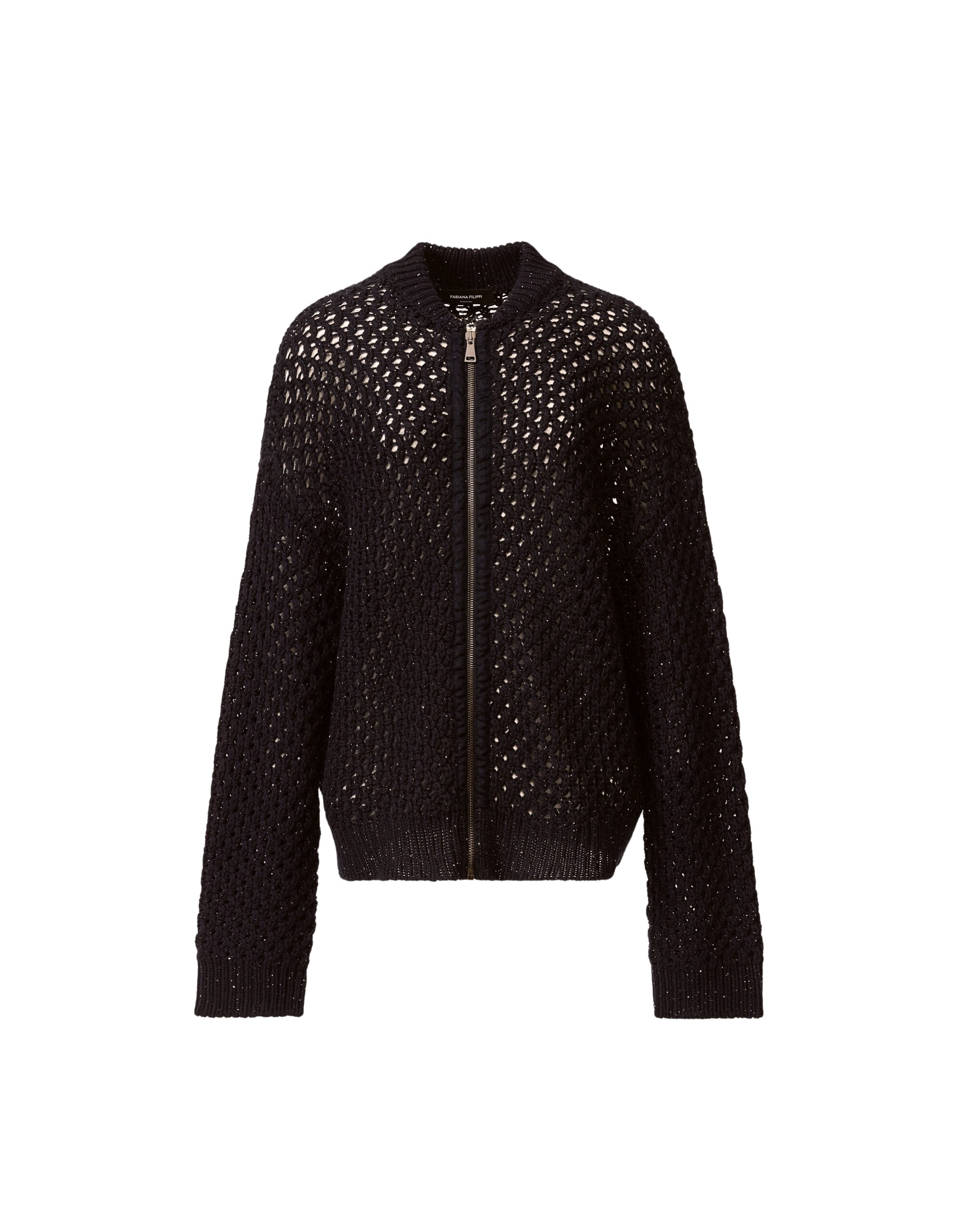 Fabiana Filippi Bomber in Platinum and Micro Sequins, Night Blue Knit