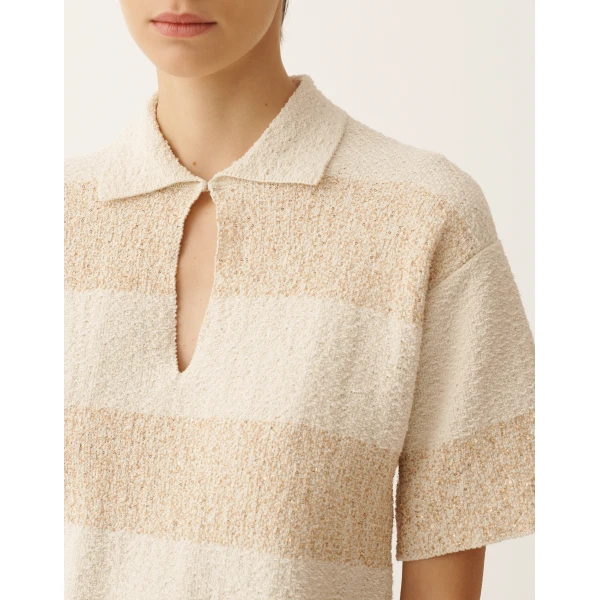Fabiana Filippi Boxy Shirt in Striped Cotton Tweed with Sequins, Butter, view 5