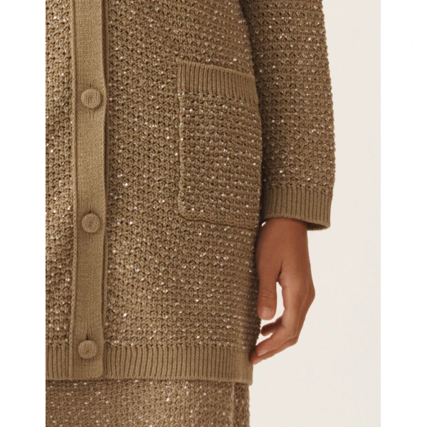 Fabiana Filippi Cotton Ribbon Cardigan with Sequins in Khaki, view 5