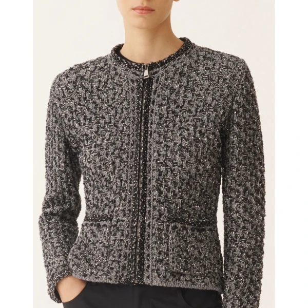 Fabiana Filippi Dark Blue Sequin Tweed Jacket with a Denim Effect in Night Blue, view 5