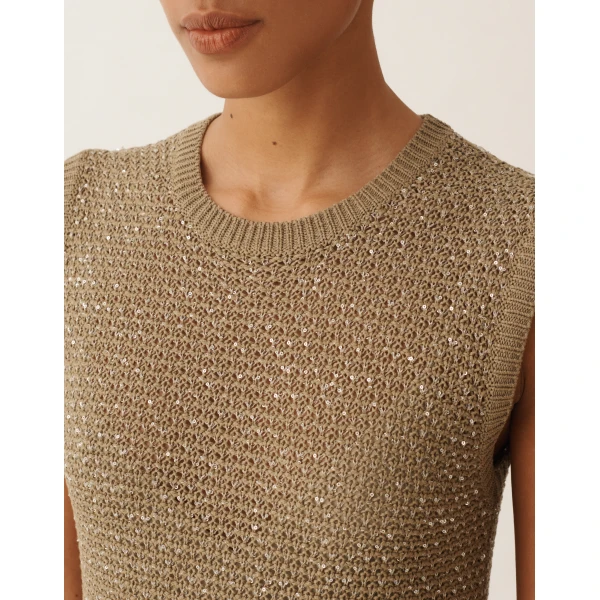 Fabiana Filippi Mini Dress in Cotton Tape with Sequins, Khaki, view 5