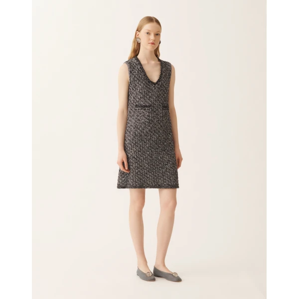 Fabiana Filippi Navy Tweed Dress with Denim Effect Sequins in Night Blue, view 3