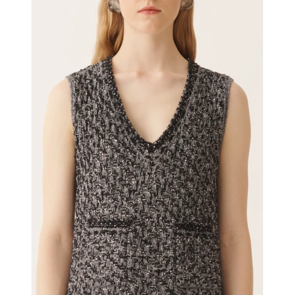Fabiana Filippi Navy Tweed Dress with Denim Effect Sequins in Night Blue, view 5
