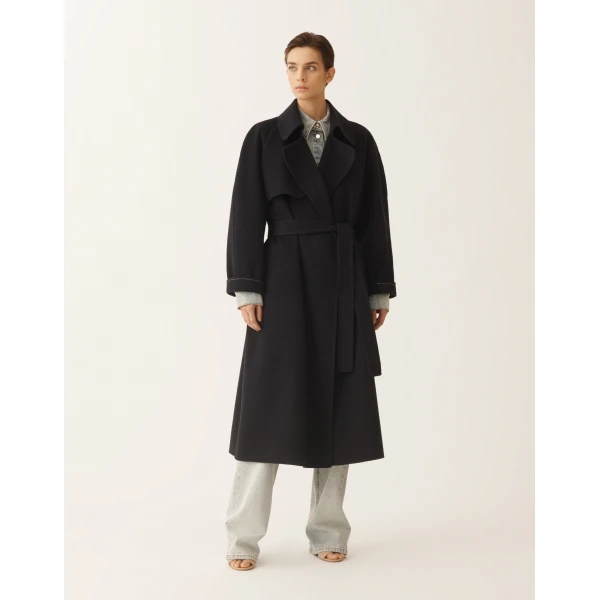 Fabiana Filippi Night Blue Wool Double Trench Coat, view 3