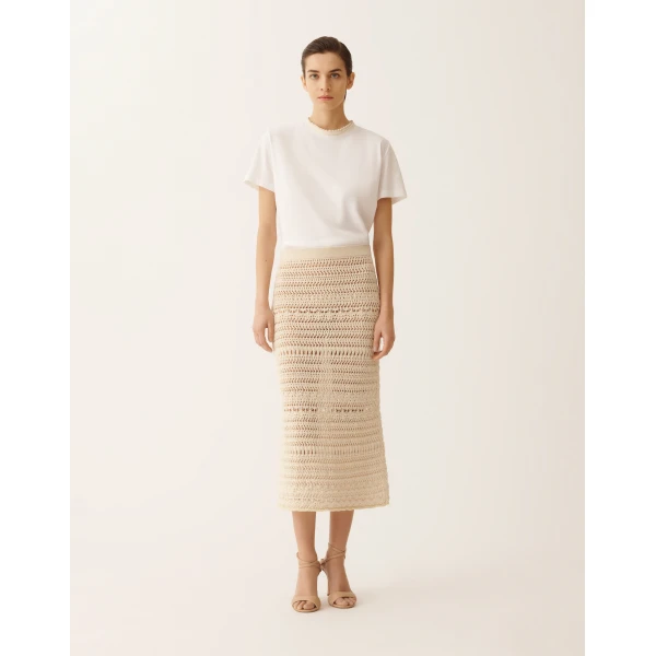 Fabiana Filippi Pencil Skirt in Wool and Cotton with Sequins, Vanilla, view 3