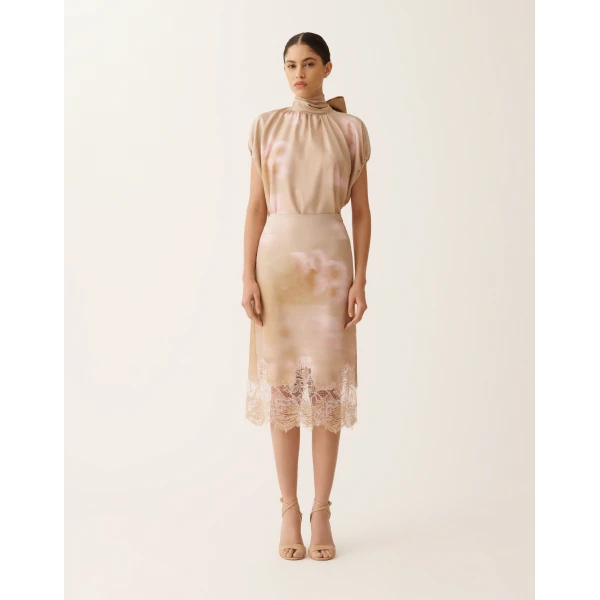 Fabiana Filippi Printed Silk Twill Skirt with Lace in Memento Rosae, view 3