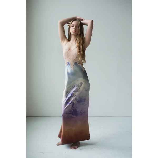Gabriela Hearst Adolphine Slip Maxi Dress in Mountain Printed Satin Silk Twill, view 2