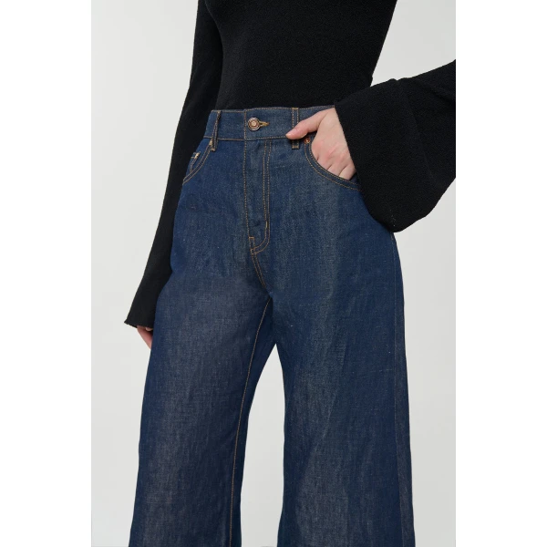 Gabriela Hearst Amoret Barrel-leg Jean in Indigo Blue Recycled Cotton Linen Denim, view 5