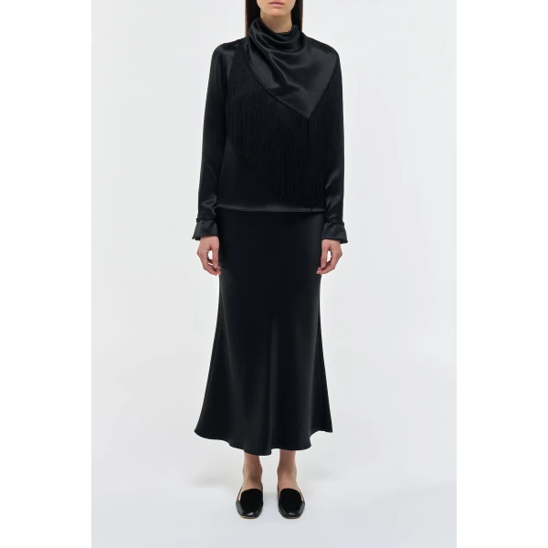 Gabriela Hearst Anderson Fringe Scarf Top in Black Silk Satin, view 3