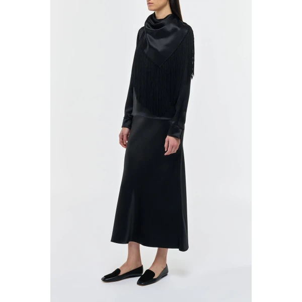 Gabriela Hearst Anderson Fringe Scarf Top in Black Silk Satin, view 4