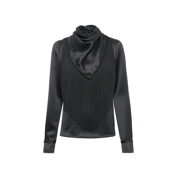 Gabriela Hearst Anderson Fringe Scarf Top in Black Silk Satin, view 6