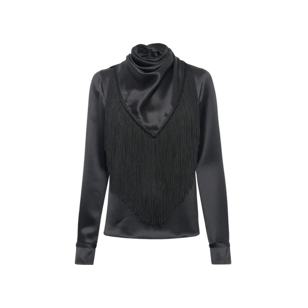 Gabriela Hearst Anderson Fringe Scarf Top in Black Silk Satin