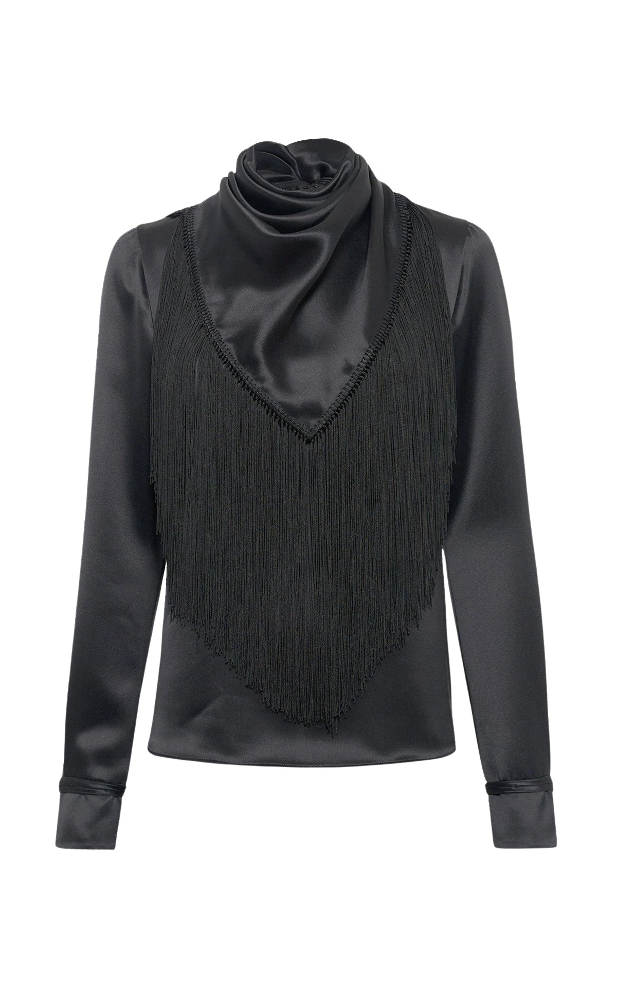 Anderson Fringe Scarf Top in Black Silk Satin