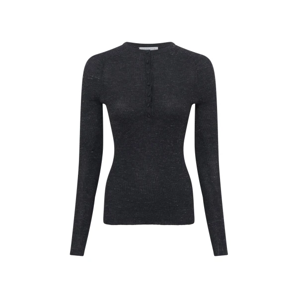 Gabriela Hearst Anges Knit Henley in Black Cashmere Silk with Hemp, view 2