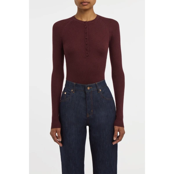 Gabriela Hearst Anges Knit Henley in Bordeaux Cashmere Silk with Hemp, view 2