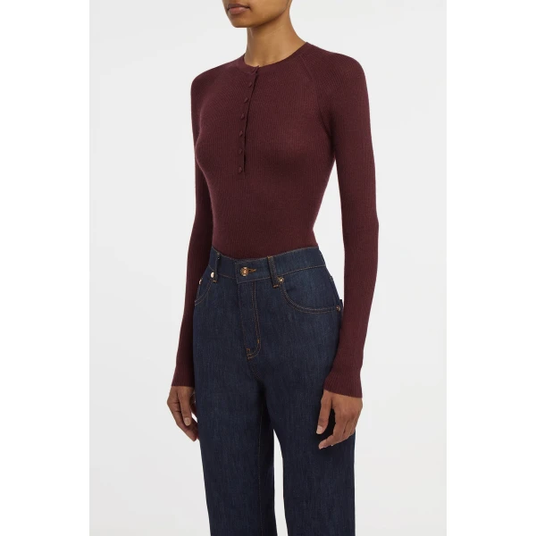 Gabriela Hearst Anges Knit Henley in Bordeaux Cashmere Silk with Hemp, view 3
