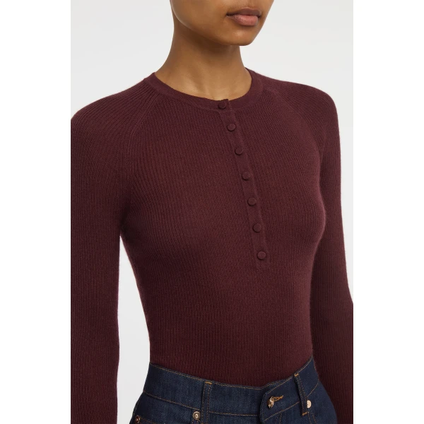 Gabriela Hearst Anges Knit Henley in Bordeaux Cashmere Silk with Hemp, view 5