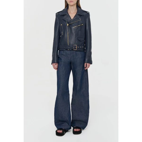 Gabriela Hearst Anton Biker Jacket in Dark Navy Textured Leather, view 2