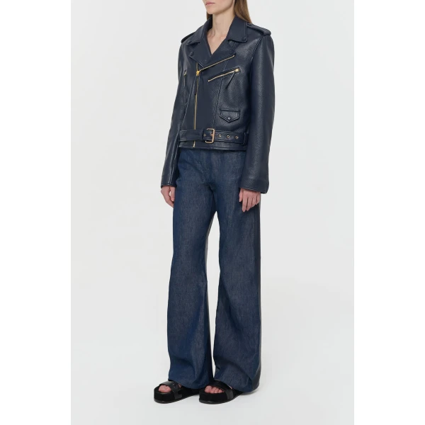 Gabriela Hearst Anton Biker Jacket in Dark Navy Textured Leather, view 3