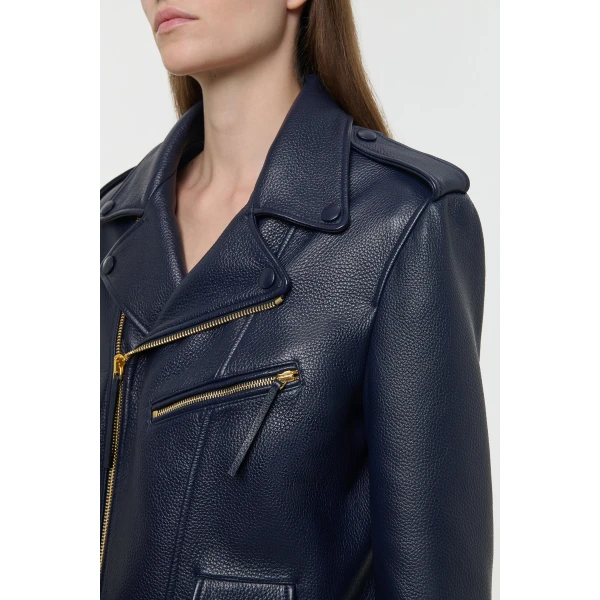 Gabriela Hearst Anton Biker Jacket in Dark Navy Textured Leather, view 5