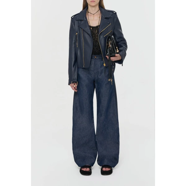 Gabriela Hearst Anton Moon Biker Jacket in Dark Navy Textured Leather, view 5