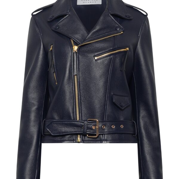 Gabriela Hearst Anton Moon Biker Jacket in Dark Navy Textured Leather, view 6