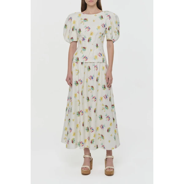 Gabriela Hearst Ayelet Puff Sleeve Mia’s Flowers Top in Ivory Multi Printed Linen Twill, view 2