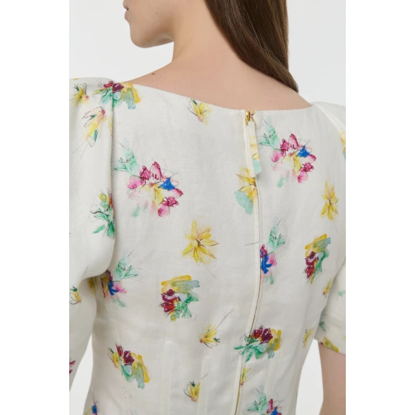 Gabriela Hearst Ayelet Puff Sleeve Mia’s Flowers Top in Ivory Multi Printed Linen Twill, view 5