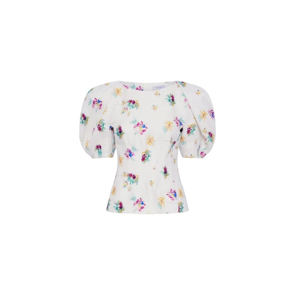 Gabriela Hearst Ayelet Puff Sleeve Mia’s Flowers Top in Ivory Multi Printed Linen Twill, view 6